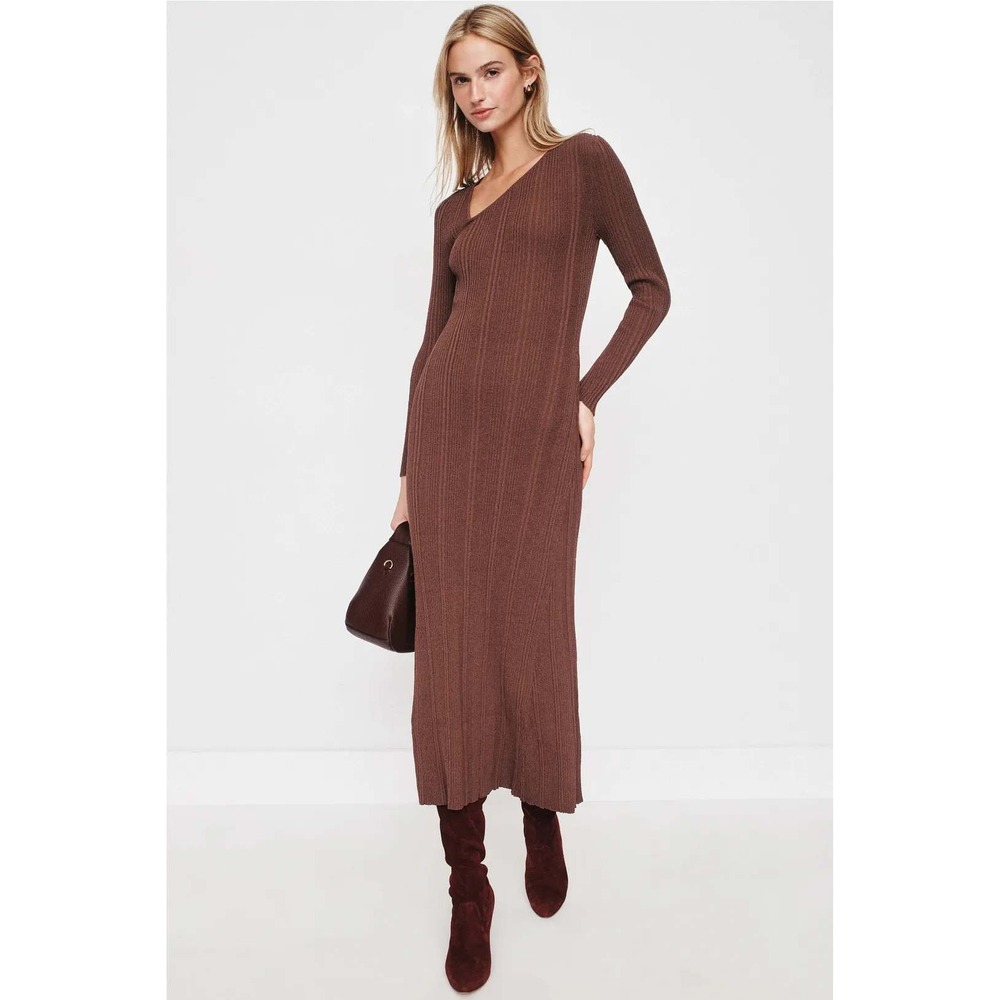STAPLE THE LABEL Ribbed Knit Asymmetrical Neck Maxi Dress Brown US 6